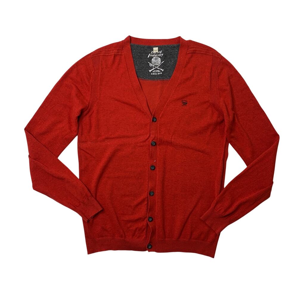 Diesel Sweater Mens M Medium Tomato Red Stretch Cotton Blend Preppy Cardigan